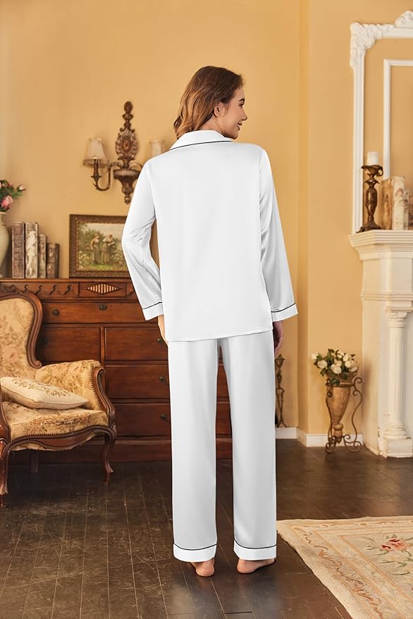 Ekouaer Women's Classic Button Down Long Satin Silk Pajama Set