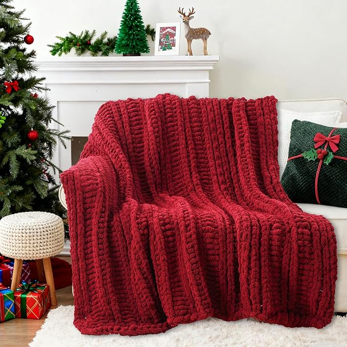 Battilo Dark Red Chunky Knit Throw Blanket, Christmas Red Throw Blanket for Couch, Super Soft Cozy Warm Blankets, Burgundy Chenille Throw Blanket for Living Room, Christmas Decorations, 50"x60"
