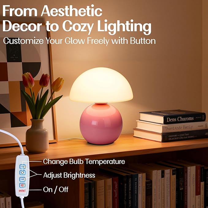 ULAROOM Small Mushroom Lamp,USB-Plug in Bedside Table Lamps with 3-Temperature LED Bulb Dimmable,Unique Cute Aesthetic Home Decor for Living Room,Bedroom, Modern Ceramic Base Glass Lamp(Pink)