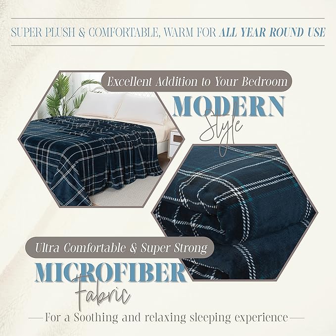Elegant Comfort Luxury Velvety Feel Blanket, All-Season Lightweight Blanket, Ultra Plush, Soft, Cozy-Fuzzy Flannel Fleece for Couch, Sofa, Bed, Travel, Plaid Design, King/California King, Navy