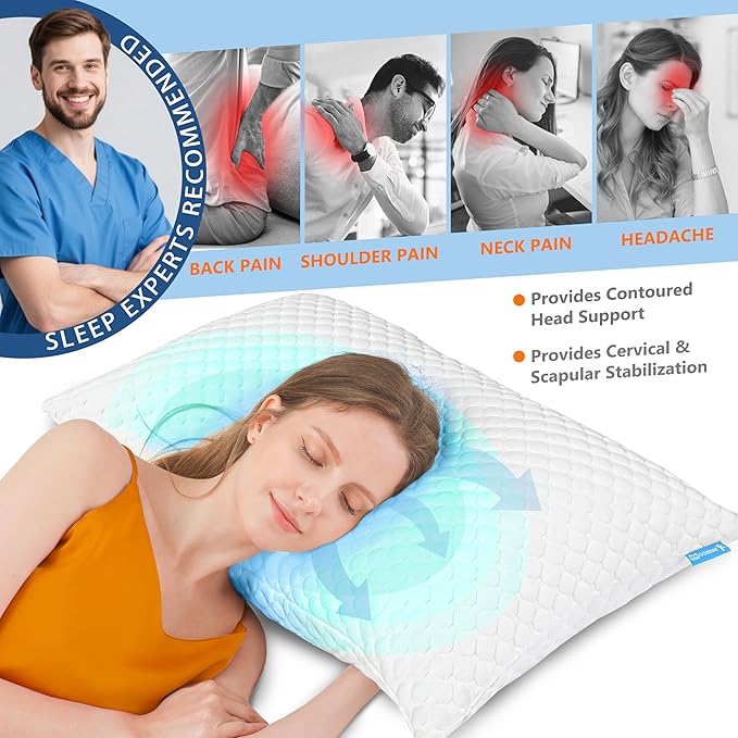 UYWO Cooling Pillows Queen Size Set of 2, Memory Foam Pillows with Zipper, Firm Bed Pillows Adjustable for Hot Side Back Stomach Sleepers