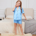 QPANCY Kids Satin Pajamas Sets Baby Boy Girl Button-Down Silk Sleepwear 2 Piece Short Sleeve Loungewear Clothes Set