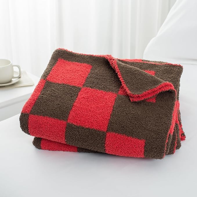 Carriediosa Checkered Throw Blanket 50" X 60", 400GSM Ultra Soft Microfiber Fuzzy Fluffy Reversible Cute Preppy Knitted Blankets Cozy Plush Fall Throws for Couch, Bed, Sofa, Red and Brown