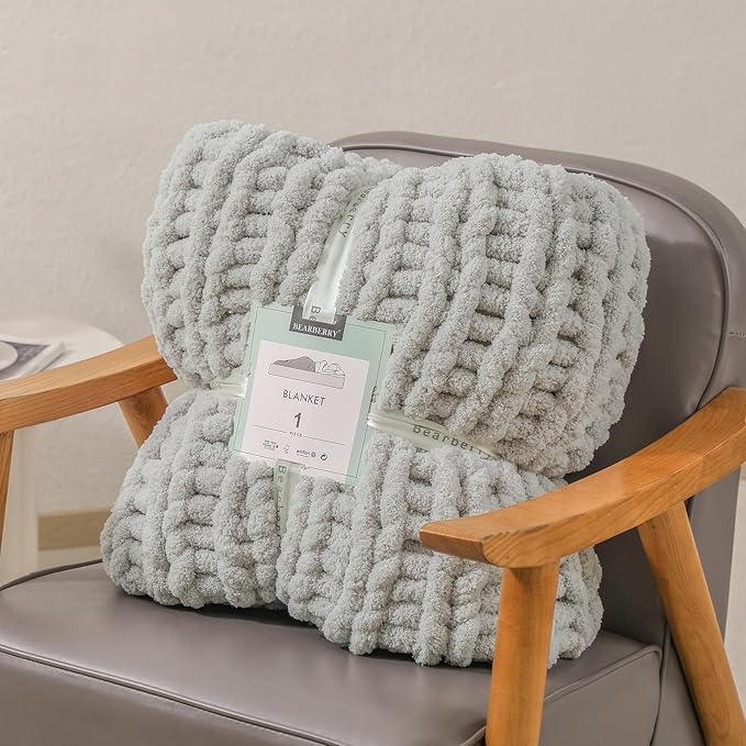 bearberry Chunky Knit Throw Blanket 60x80 Inches Handmade, Soft Jumbo Chenille Yarn with Cable Rope Knot Design | Thick Cozy Large Blanket for Couch, Sofa, Bed & Living Room Home Decor | Light Grey