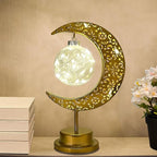 Decorative Table Lamp, Crescent Moon Lamp Ramadan Table Decor, Battery Powered Christmas Ramadan Desk Lamp Decorations for Home, Patterned Hollow Out Warm Boho Light for Bedrooms Nightstand