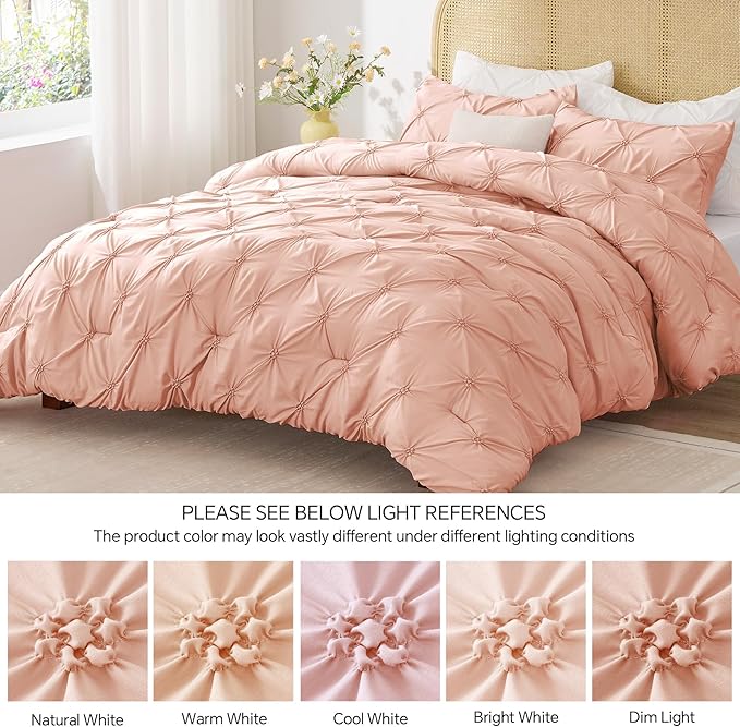BEDELITE Dusty Pink Queen Comforter Set - 3 Pieces Boho Pintuck Bedding Comforter Sets, Lightweight Soft & Warm Bed Comforter Queen with 2 Pillowcases for All Season