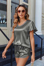 Ekouaer Women Satin Pajamas Set Ruffle Sleeves Silk Pj Set Soft V Neck Sleepwear Loungewear