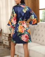 Floral Silk Robes for Women Kimono Satin Short Bath Robe Bridal Dressing Gown Bride Bridesmaids Lightweight Bathrobes