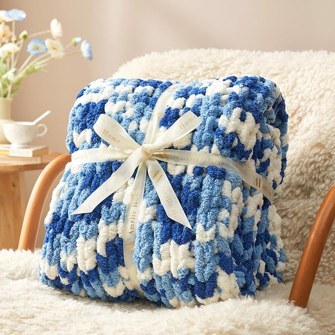 Amélie Home Chunky Knit Throw Blanket for Couch, Soft Chenille Handmade Crochet Throw Rope Knot Blanket for Couch, 50"x60", Space-Dyed Blue