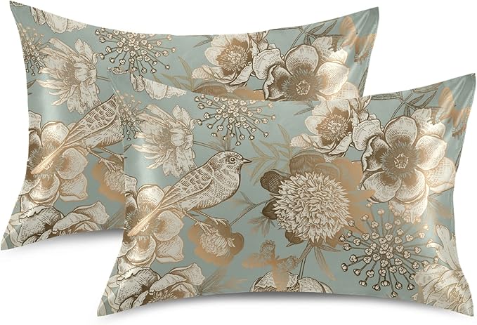 Vintage Peonies and Bird Satin Pillowcase for Hair and Skin, Blue and Gold Peonies Silk Pillow Case with Envelope Closure, Standard Size 20x26 inches, Sage Green, 1 PC