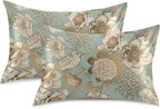 Vintage Peonies and Bird Satin Pillowcase for Hair and Skin, Blue and Gold Peonies Silk Pillow Case with Envelope Closure, Queen Size 20x30 inches, Sage Green, 1 PC