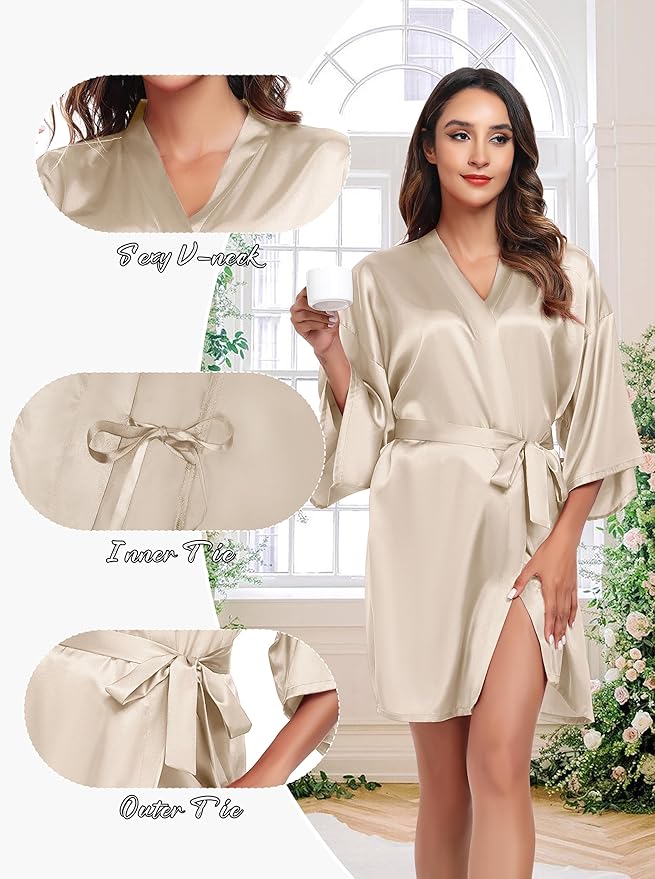 Women's Short Satin Robe Silky Bathrobes Bridal Bridesmaid Kimono Robe V-Neck Sleepwear S-XXL