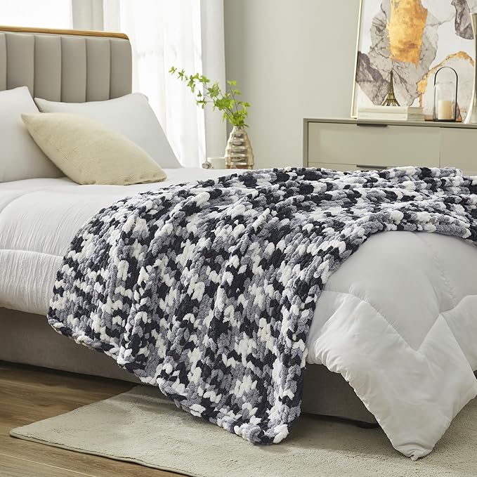 Amélie Home Chunky Knit Throw Blanket for Couch, Soft Chenille Handmade Crochet Throw Rope Knot Blanket for Couch, 50"x60", Space-Dyed Black