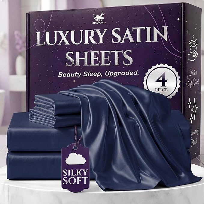 SLEEP SANCTUARY Satin Sheets Queen Size – 4 Piece Luxury Silky Bed Set, Softer Than Silk, 15" Deep Pocket, Cooling & Wrinkle-Free, Moisture-Wicking & Breathable for Hair & Skin (Navy Blue)