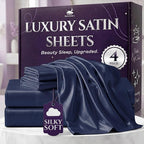 SLEEP SANCTUARY Satin Sheets King Size – 4 Piece Luxury Silky Bed Set, Softer Than Silk, 15" Deep Pocket, Cooling & Wrinkle-Free, Moisture-Wicking & Breathable for Hair & Skin (Navy Blue)