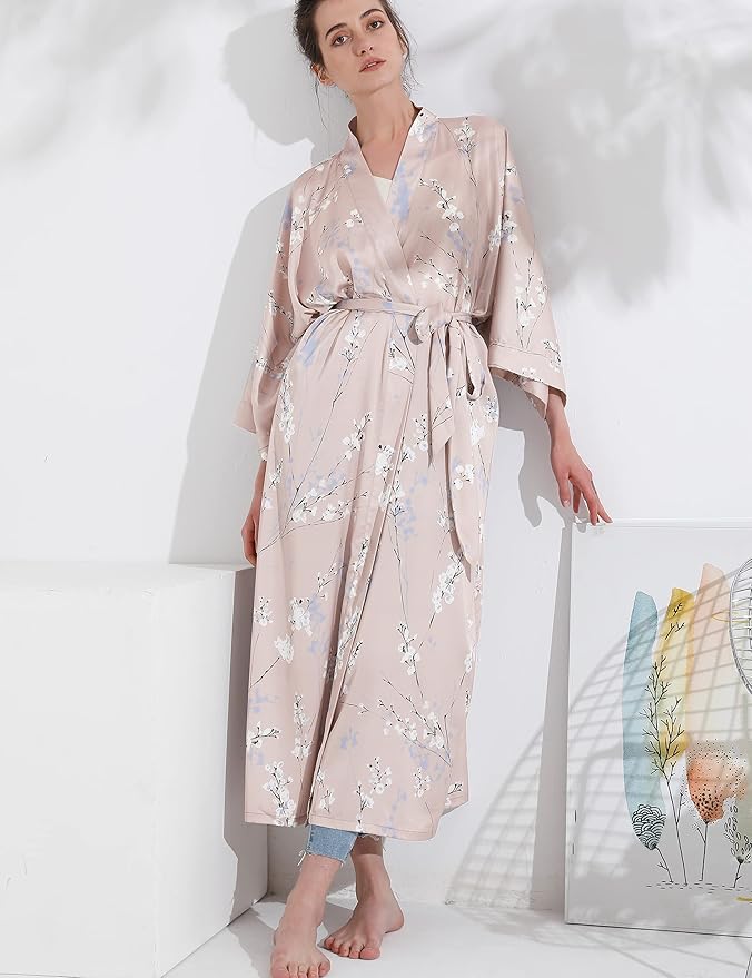 Aensso Long Soft Lightweight Silky Kimonos Robes for Women, Luxury Japanese Floral Womens Kimono Robe