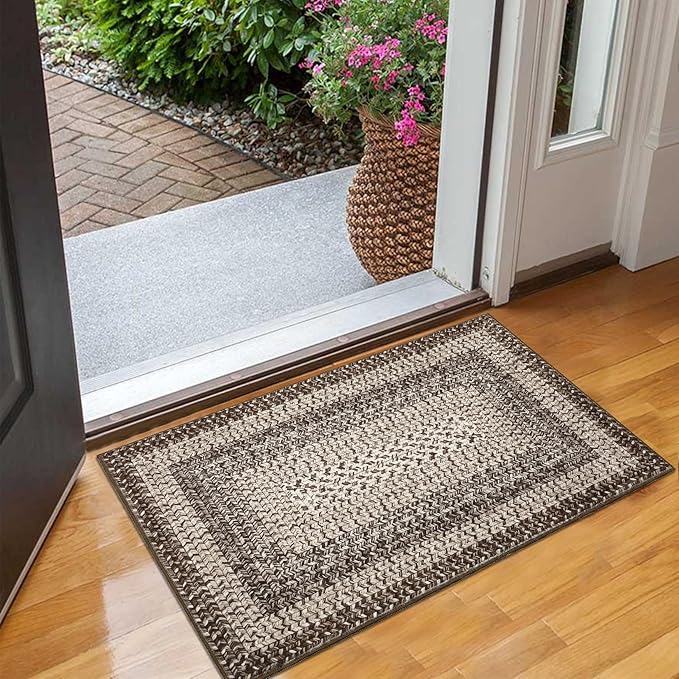 RUGSREAL Entryway Rug 2x3 Small Bedside Throw Mat with Rubber Backing Machine Washable Living Room Rug Non Slip Bathroom Mat Stain Resistant Braided Print Carpet for Dining Room Kitchen Hallway, Mocha