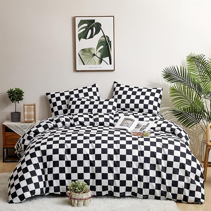 CLOTHKNOW Black White Plaid Twin Comforter Set Grid Bedding Comforter Sets Soft Checker Black and White Comforter with 2 x Pillow Cases