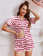 Ekouaer Womens Silk Satin Pajamas Short Sleeve PJS Shorts Set Soft Button Down Sleepwear 2 Piece Loungewear S-5XL