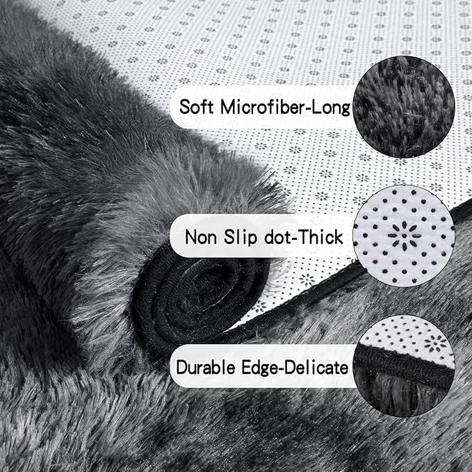 KING DARE Shag Runner Rug 2x6, Soft Fluffy Bedroom Runner Rug Bedside, Non-Slip Washable Plush Fuzzy Carpet for Dorm Girls Boys Kids Room Indoor Decor, Black and Dark Gray