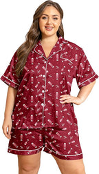 Vozanet Women's Short Sleeve Satin Pajama Sets Silky Ladies Button Down Loungewear Plus Size Nighty Shorts Sets XL to 5XL
