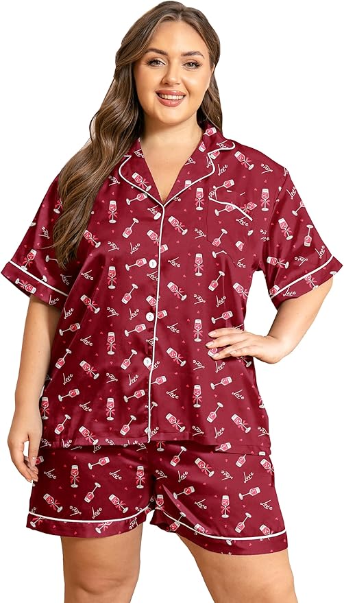 Vozanet Women's Short Sleeve Satin Pajama Sets Silky Ladies Button Down Loungewear Plus Size Nighty Shorts Sets XL to 5XL