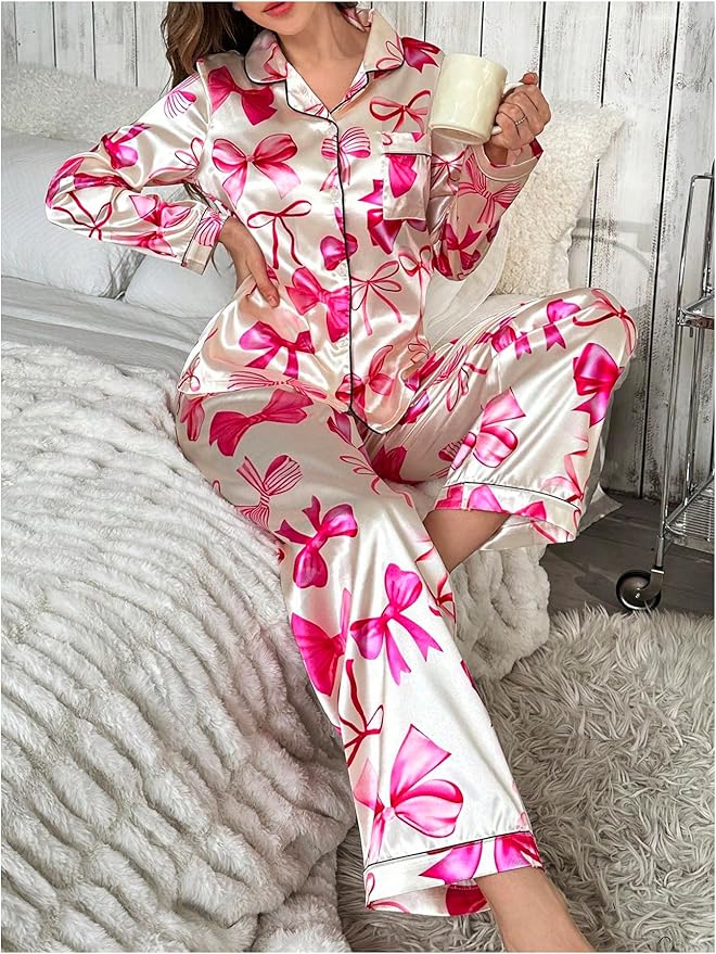 WDIRARA Women's 2 Piece Bowknot Print Satin Pajama Set Long Sleeve Button Down Lounge Pants Sleepwear Sets