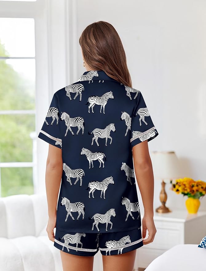 Ekouaer Womens Silk Pajama Sets Button Up Satin Pjs Short Sleeve 2 Piece Pj Sets Cute Lounge Sets with Chest Pocket