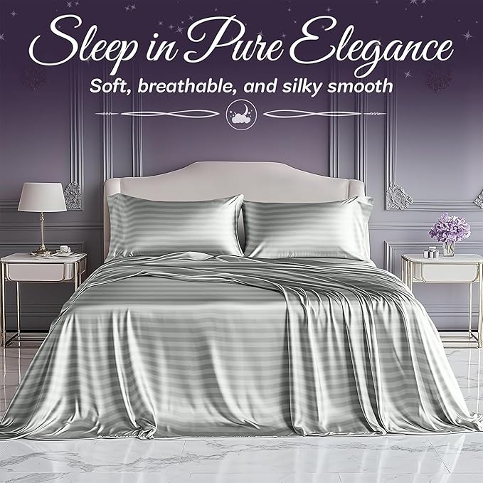 SLEEP SANCTUARY Satin Sheets Full Size – 4 Piece Luxury Silky Bed Set, Softer Than Silk, 15" Deep Pocket, Cooling & Wrinkle-Free, Moisture-Wicking & Breathable for Hair & Skin (Striped Grey)
