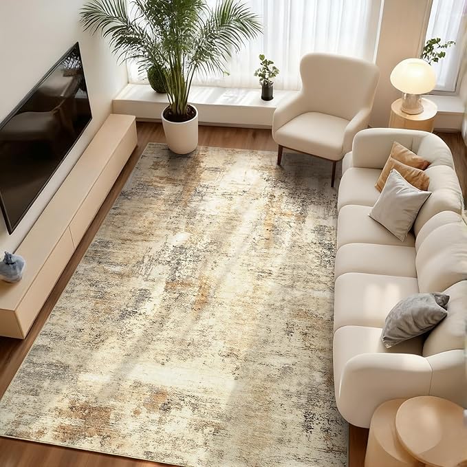 CRYPTOLITE Area Rugs 9x12 Rug for Living Room Abstract Washable Rug with Non-Slip Backing Low Pile Area Rugs for Bedroom, Dining Room, Khaki