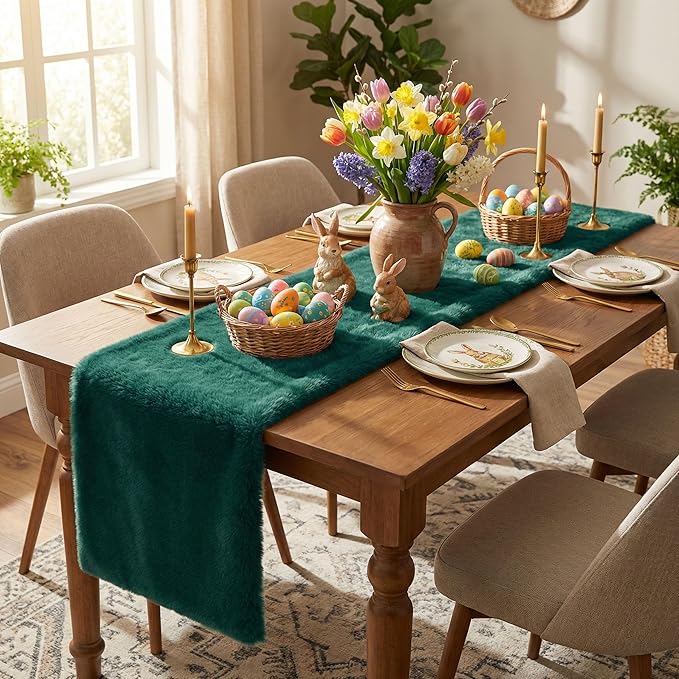 duduta Emerald Green Faux Fur Dresser Runner, Soft Fluffy Coffee Table Runner Nightstand Cover Spring Easter Decor 11.8 in x 31.5 in