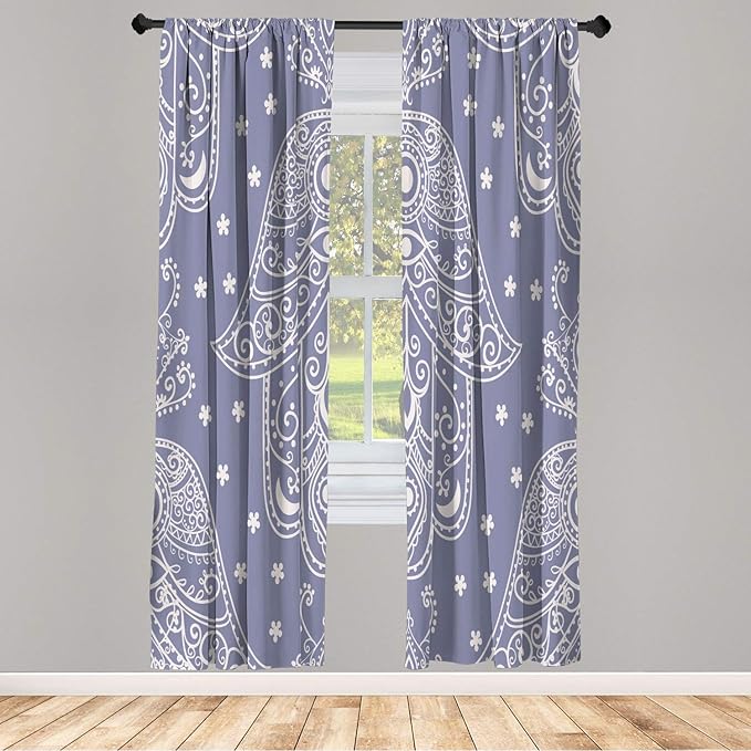 Lunarable Hamsa Window Curtains, Egyptian Boho Hand Shape Pattern Eye Design Bridal Night Inspired Art, Lightweight Decorative 2-Panel Set & Rod Pocket, Pair of - 28" x 95", Lavender Blue