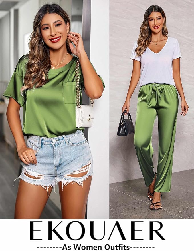 Ekouaer Womens Satin Silky Pajama Set Short Sleeve Shirt with Long Pajama Pant Set Soft PJ Loungewear