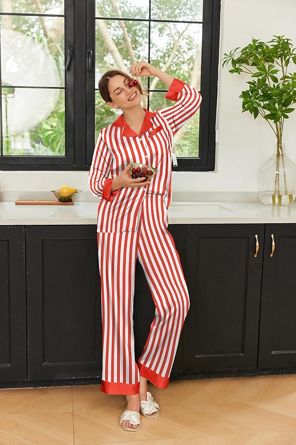 Ekouaer Silk Pajamas for Women Long Sleeve Satin Pajama Set Silky Pj Sets 2 Piece Button Down Loungewear Sleepwear