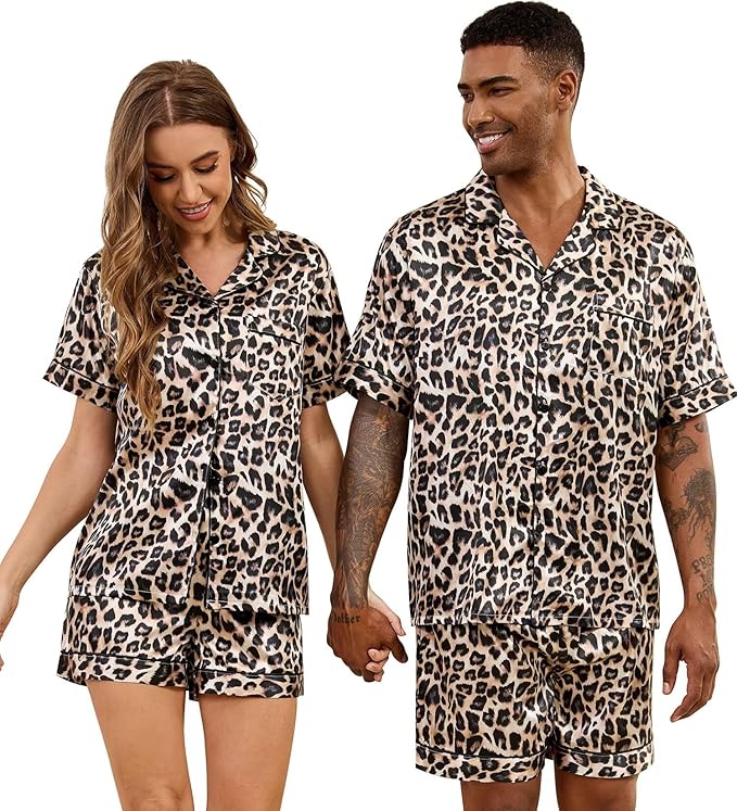 SWOMOG Satin Matching Pajamas Sets Couple Silk Button Down Nightwear Women & Men Short Sleeve Sleepwear 2 Pieces Loungewear