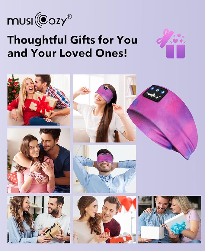 MUSICOZY Sleep Headphones Bluetooth 5.4 Headband, Wireless Earphones Sweat Resistant Earbuds with Ultra-Thin HD Stereo Speaker for Workout Running(Tie-dye Pink)