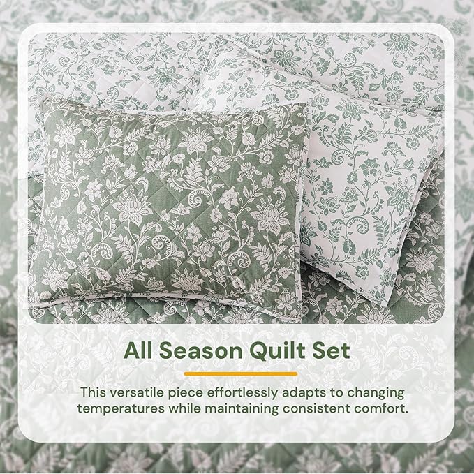 BLOOMHAVEN Quilt Set King Size, Green Floral Quilt Sets, Reversible Bedspread Lightweight and Breathable for All Seasons, Soft Quilted Bedspread with 2 Pillow Shams