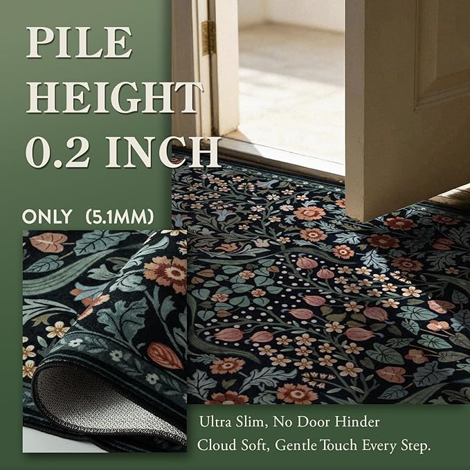 Lahome Claude Floral 3x5 Entryway Rug, Soft Washable Bedroom Area Rugs, Botanical Non-Slip Small Black Carpet for Bedside, Entrance, Dorm, Nursery, Living Room
