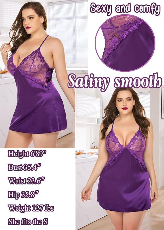 Avidlove Women Lingerie V Neck Sexy Nightwear Satin Sleepwear Lace Chemise Mini Babydoll Nightgown