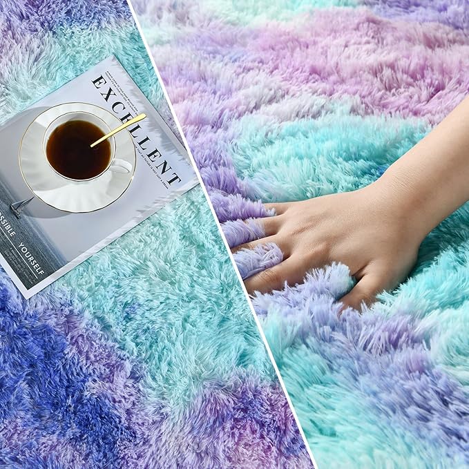 Deerhoo Large Shag Area Rugs 6 x 9, Tie-Dyed Plush Fuzzy Rugs for Living Room, Ultra Soft Fluffy Furry Rug for Bedroom, Indoor Carpet Nursery Rugs for Kids Room Home Decor, Rainbow