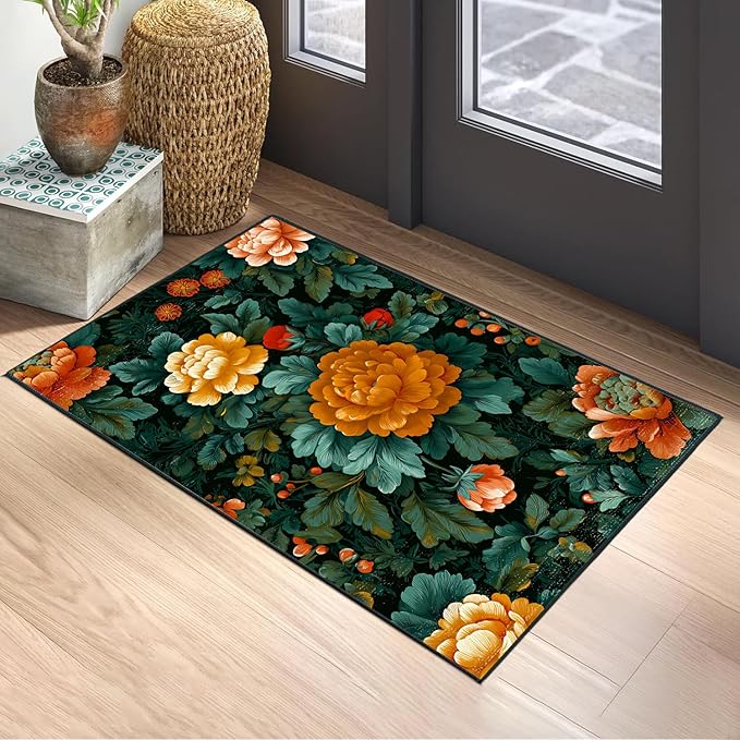 Vintage Floral Spring Area Rug 2x3 ft Entry Rug Washable Boho Rugs Non Slip Low Pile Vintage Floral Door Mat Small Carpet for Bedroom, Bedside, Kids Room, Office, Dining Room