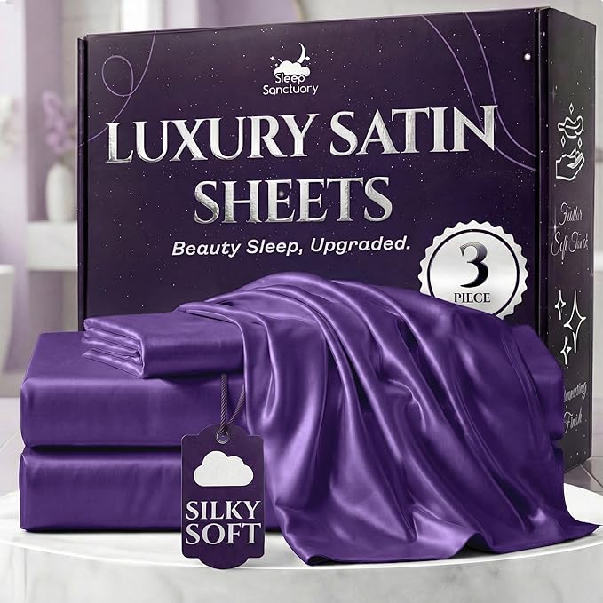 SLEEP SANCTUARY Satin Sheets Twin Size – 3 Piece Luxury Silky Bed Set, Softer Than Silk, 15" Deep Pocket, Cooling & Wrinkle-Free, Moisture-Wicking & Breathable for Hair & Skin (Purple)