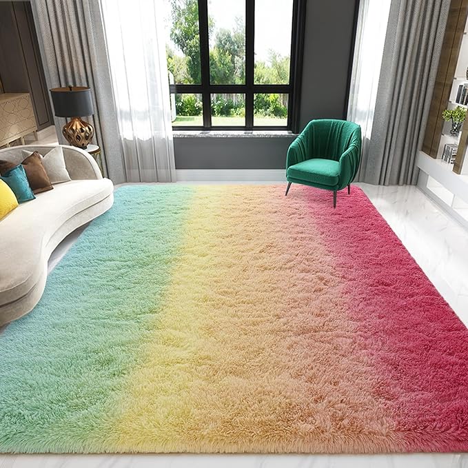 Pink-Cyan Area Rug 6x9 Large Rugs for Living Room Bedroom, Fluffy Cute Rug Modern Carpets for Kids Room, Non-Skid Rectangular Indoor Gradient Rug for Girls Boys Nursery Room Home Decor