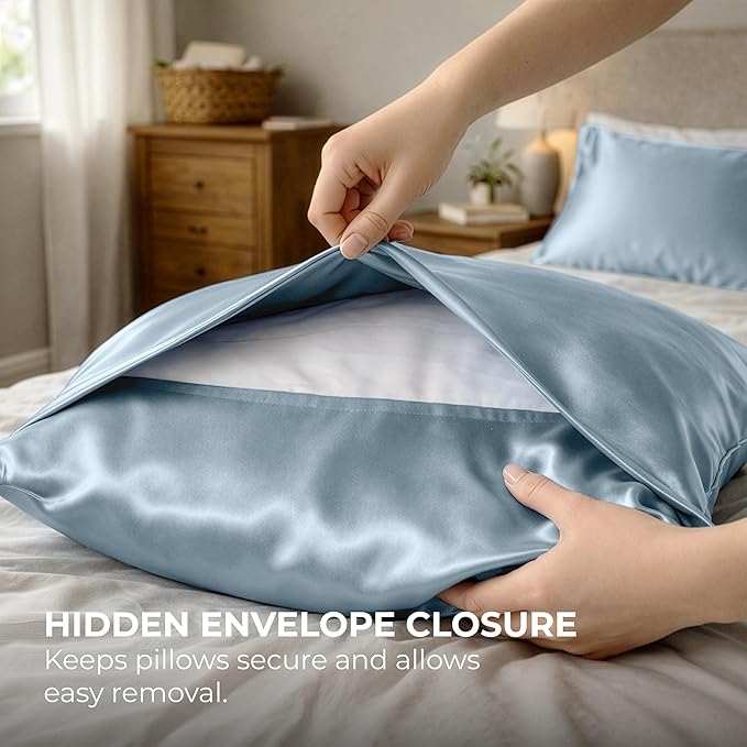 Pure Bedding Satin Pillowcase 2 Pack - Queen Size (20"x30", Baby Blue) - Silky Pillow Cases for Hair and Skin - Satin Pillow Covers with Envelope Closure - Extra Soft Premium Microfiber