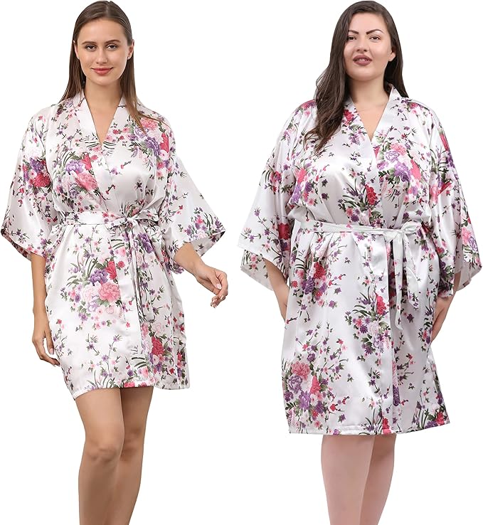 QXQTER Peony Floral Silky Satin Robe Wedding Bridal Party Bride Bridesmaid Robes for Women Dressing Gown Kimono Robe