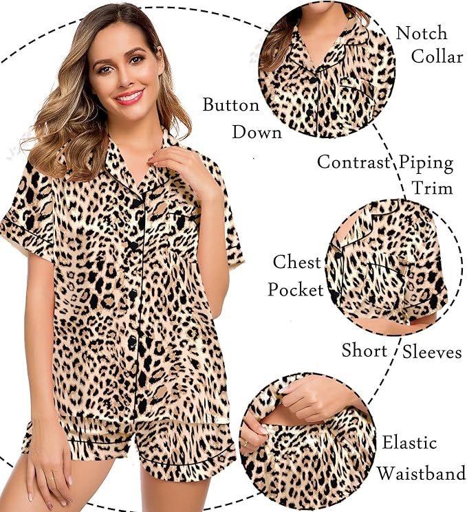 LecGee Womens Silk Satin Pajamas Short Sleeve Loungewear Two-Piece Sleepwear Button-Down Pj Set