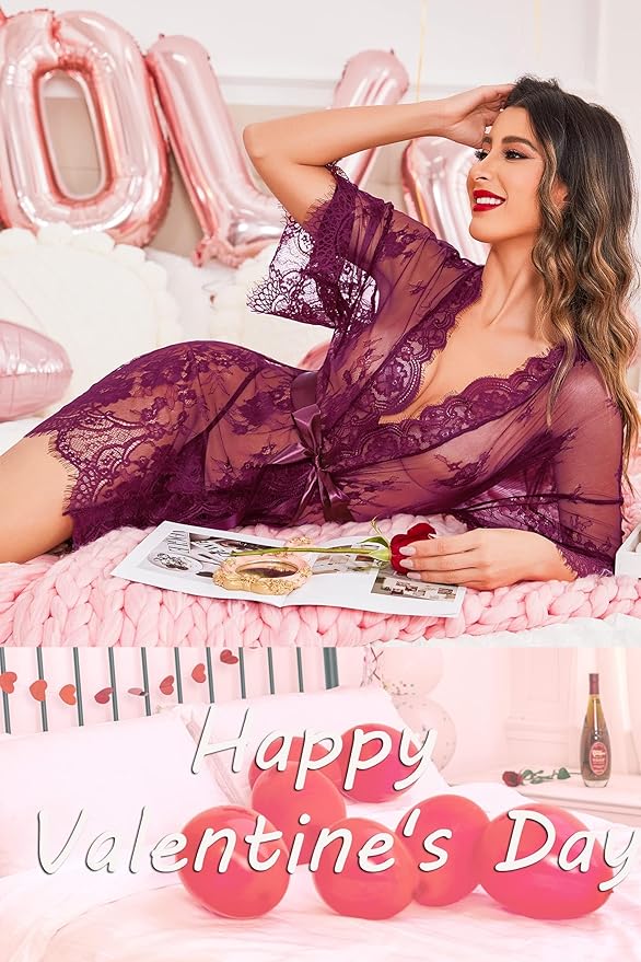 Avidlove Women's Lace Kimono Robe Babydoll Lingerie Mesh Nightgown S-5XL