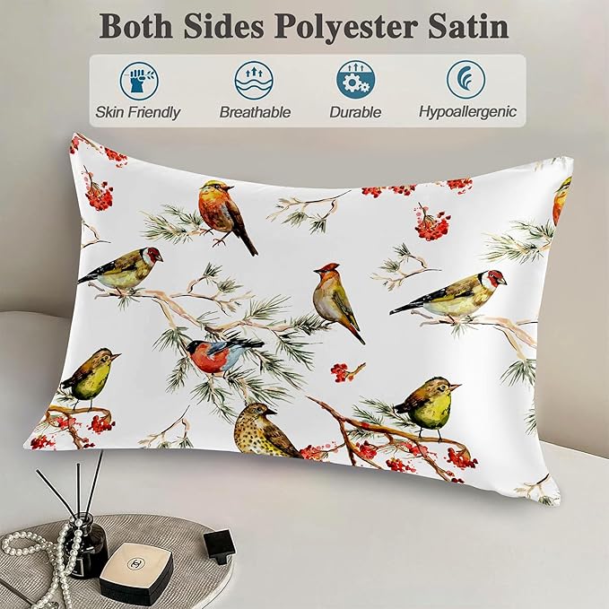 Silk Like Pillowcase for Hair and Skin Watercolor Forest Birds Floral 1 Pack Satin Pillowcase with Hidden Zipper Soft Breathable Smooth Cooling Pillow Cover Queen Size for Bedroom Sofa 20”x30”