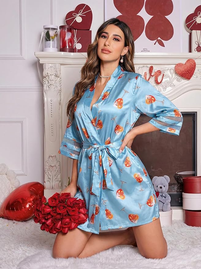 Ekouaer Women's Satin Robe Silk Kimono Bathrobe Bridesmaid Wedding Bridal Party Robes 3/4 Bell Sleeve Sleepwear S-XXL