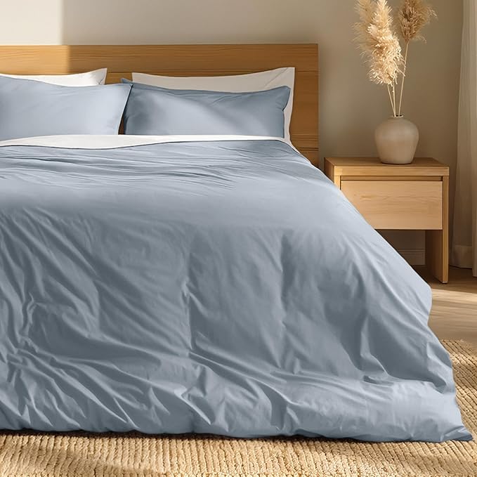 Bare Home 100% Organic Cotton Full Duvet Cover Set - Crisp Percale Weave - Lightweight & Breathable - Cooling Duvet Cover Set (Full, Dusty Blue)